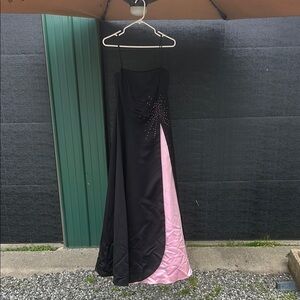 Dave & Johnny Strapless Black and Pink Slit Gown